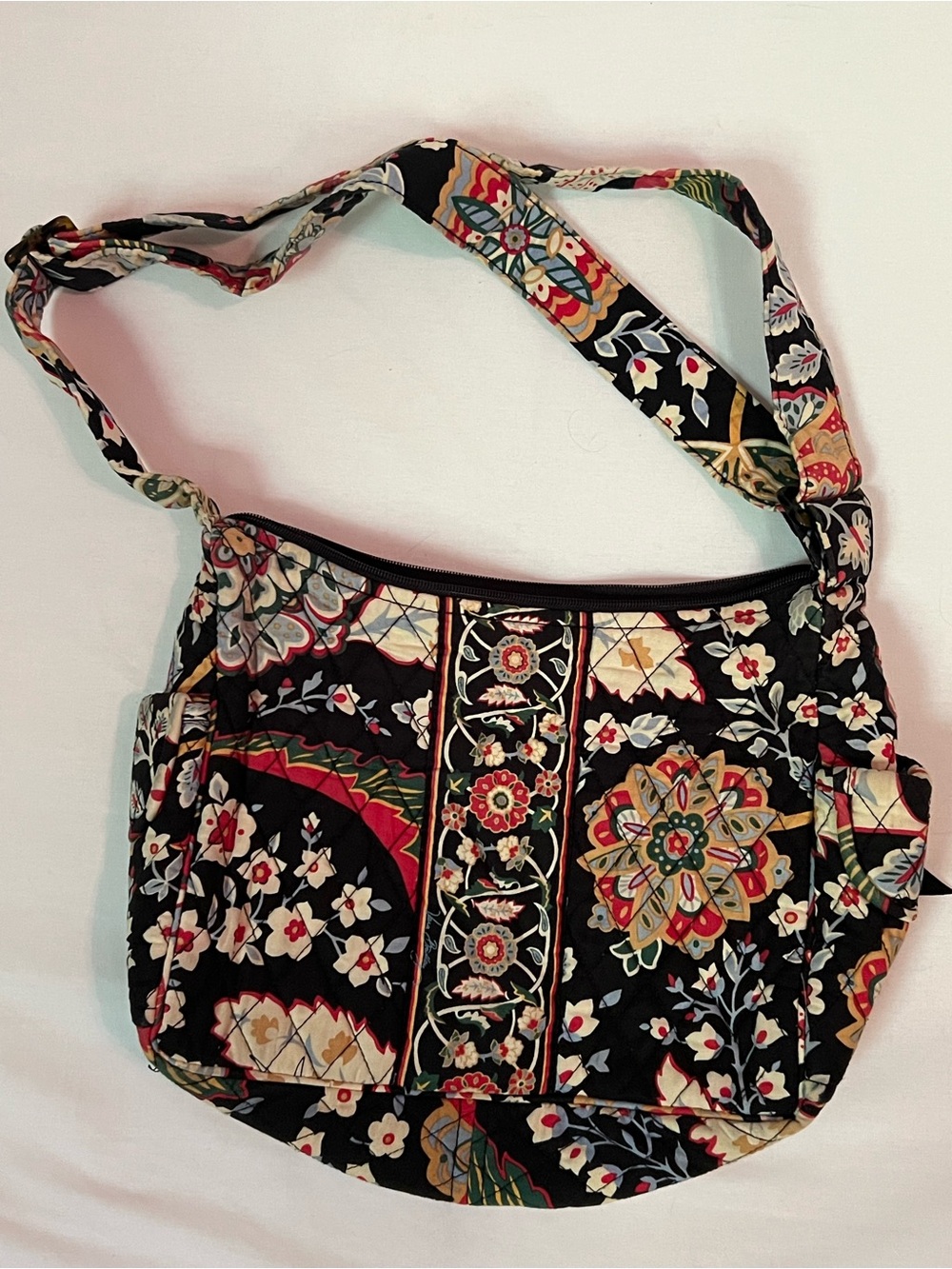 P9-Vera Bradley Quilted Floral Crossbody Bag in Black with multi color flower
